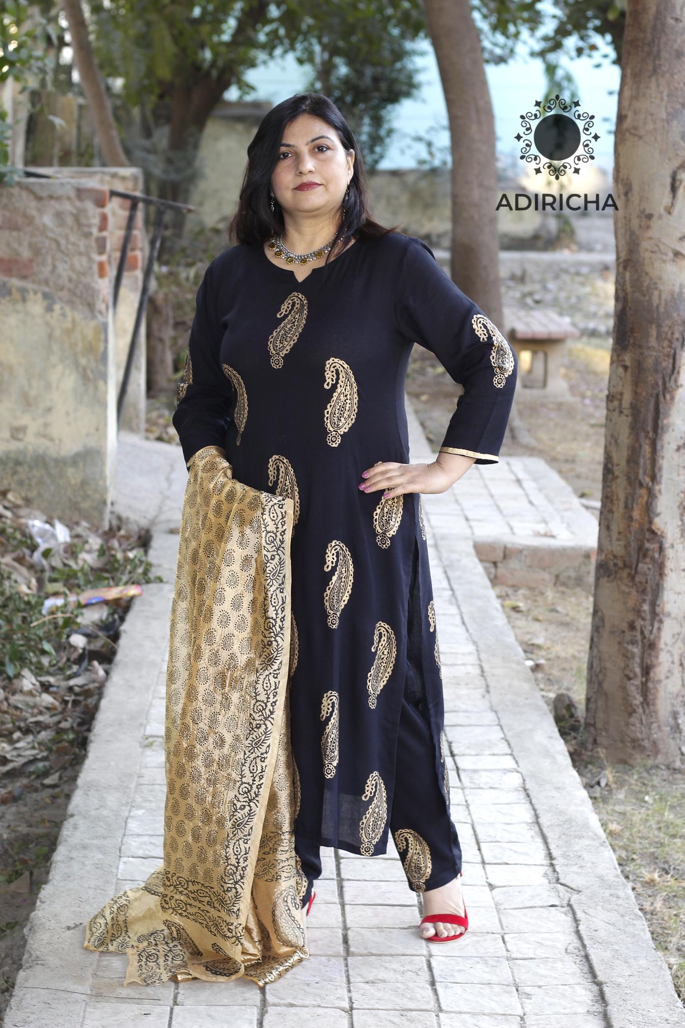 Exclusive Black Cotton Silk and Madhubani Print Combination Kurta with –  Sujatra