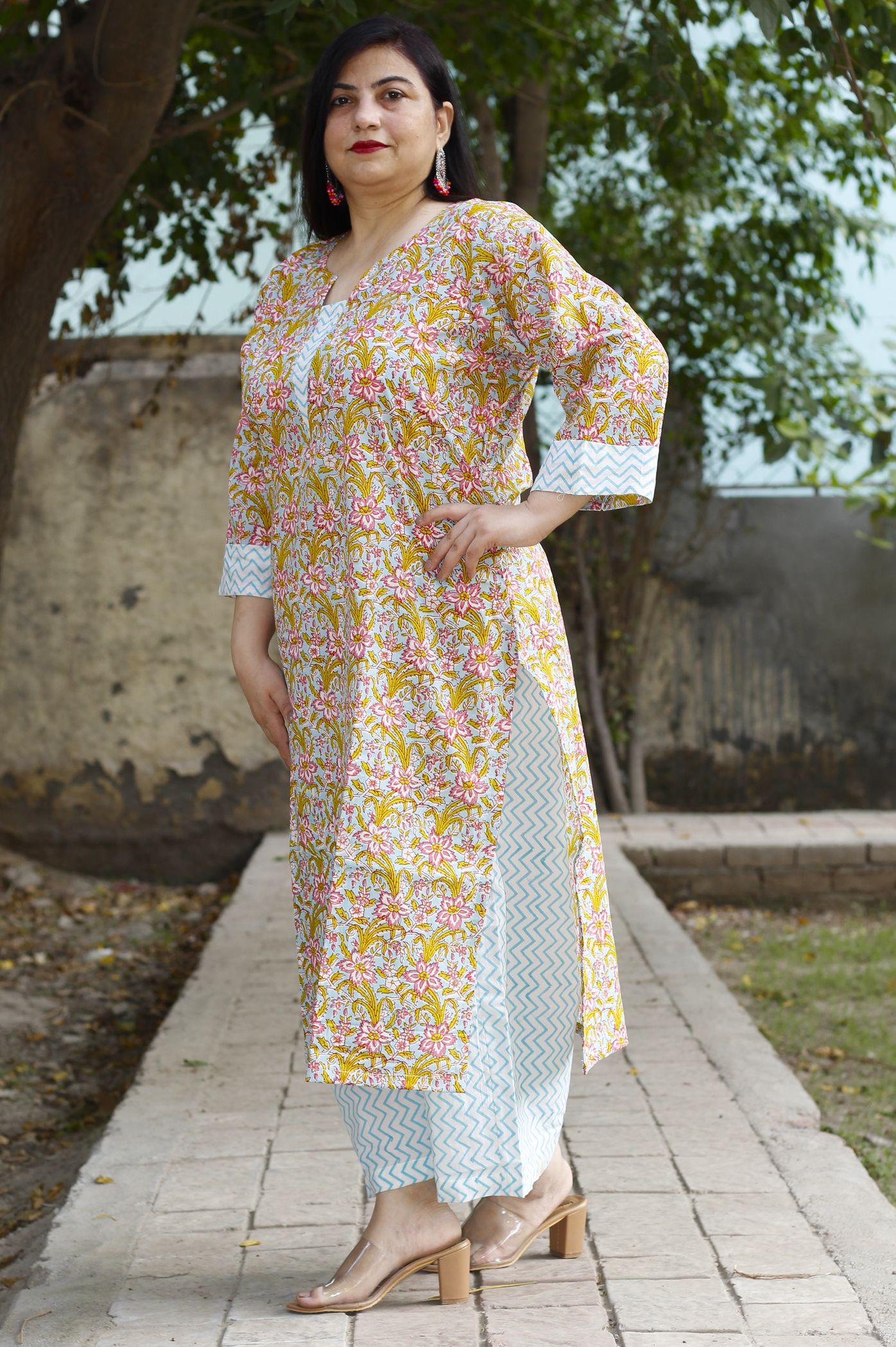 Peach Color Printed Cotton Long Kurti With Bottom (031911209)