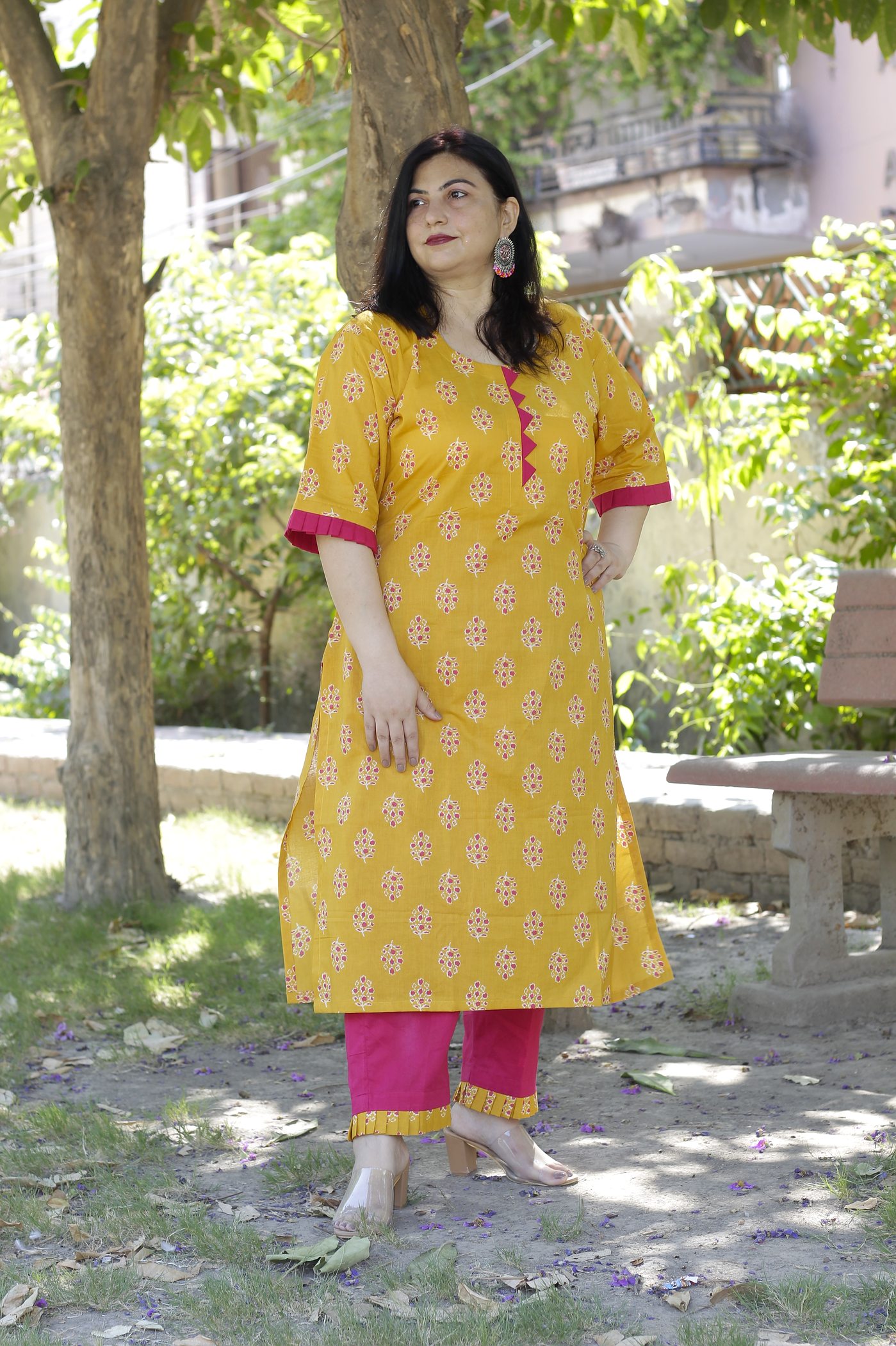 Shop Now Mustard Printed Kurta Set ADIRICHA