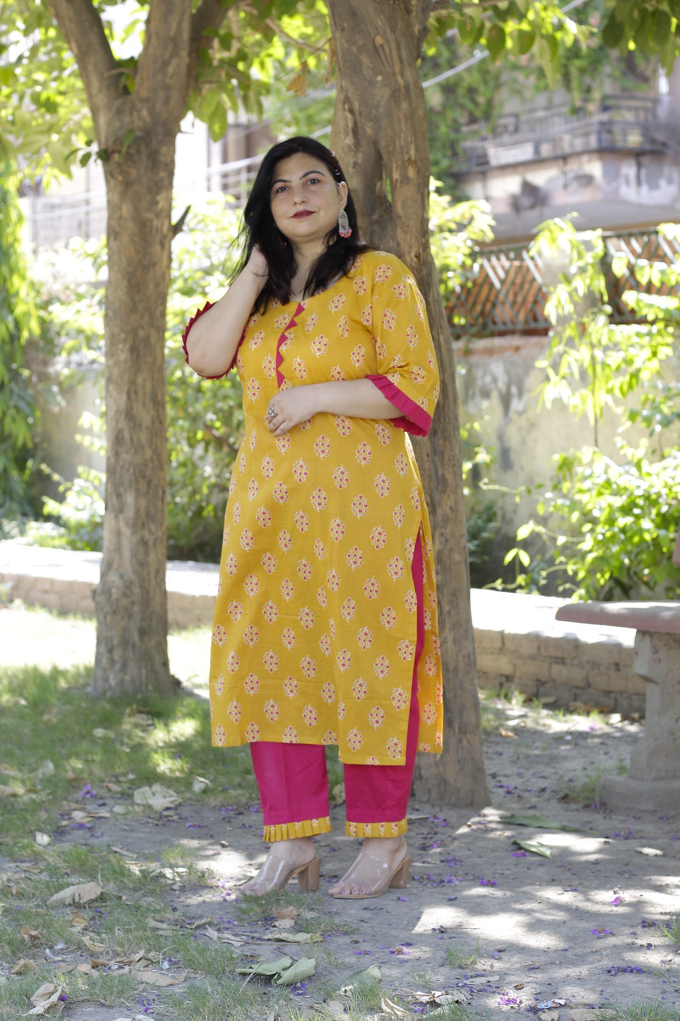 Shop Now Mustard Printed Kurta Set ADIRICHA