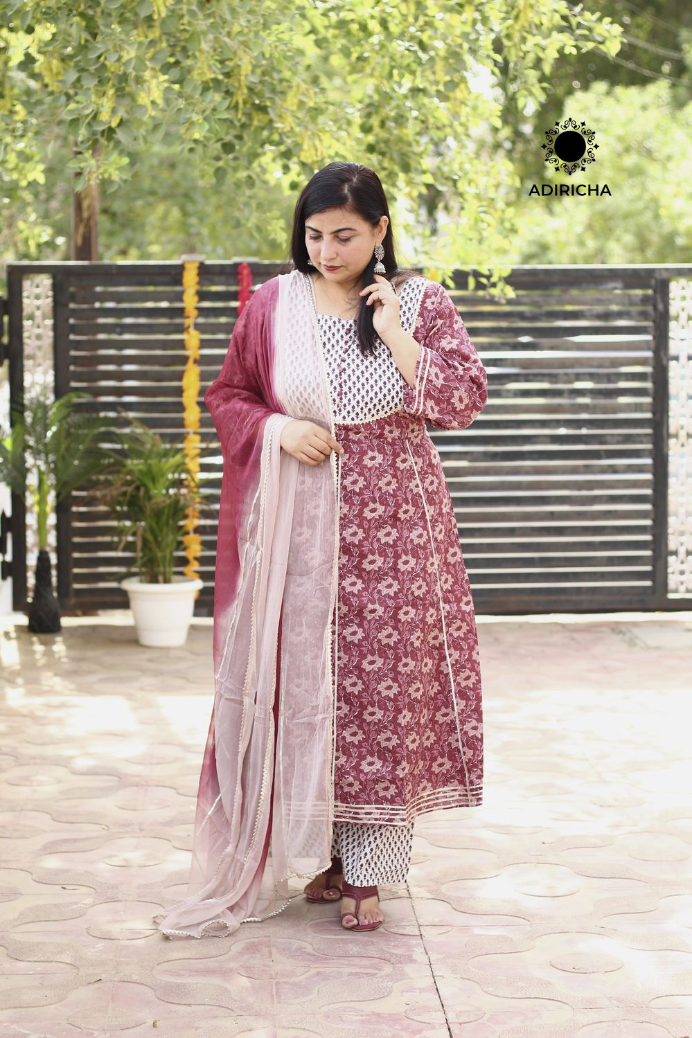 Plus Size Maroon Printed Anarkali Dress