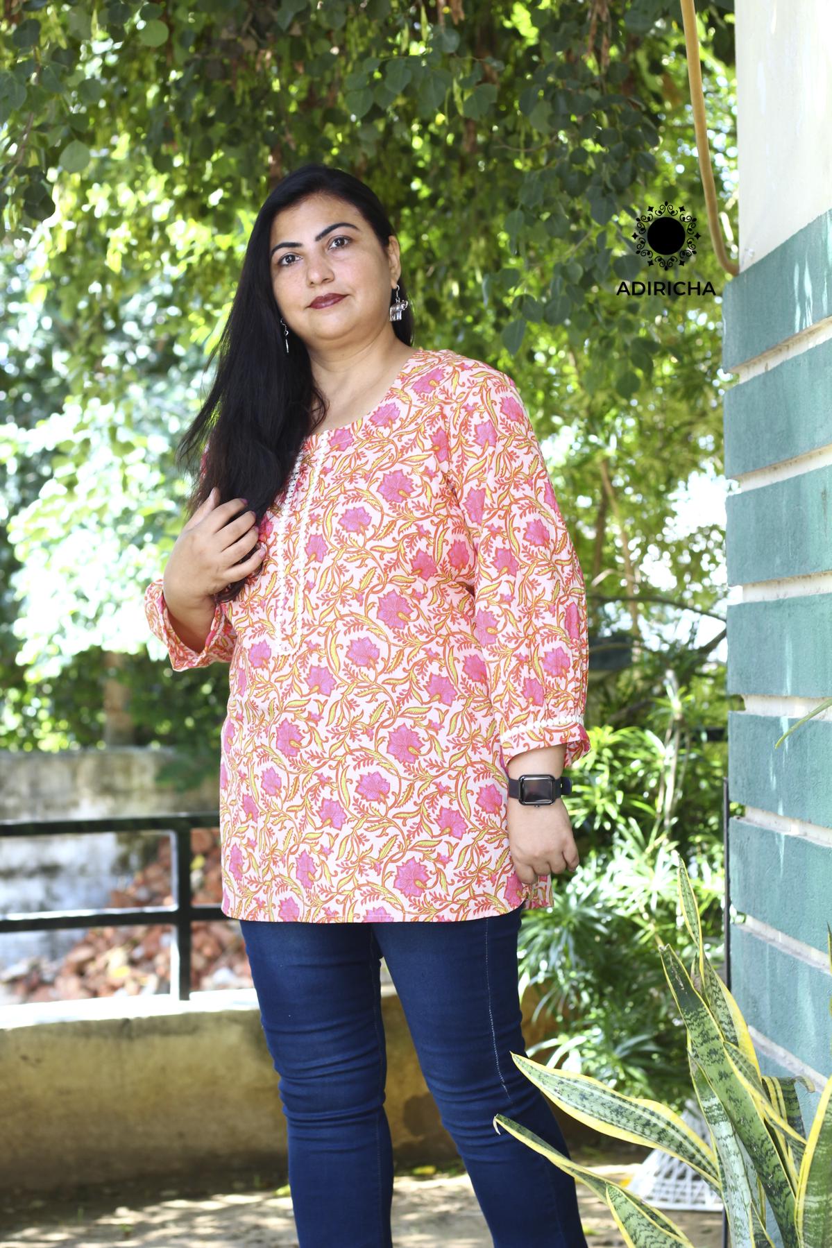 Plus Size Pink Floral Printed Tunic Tops For Women