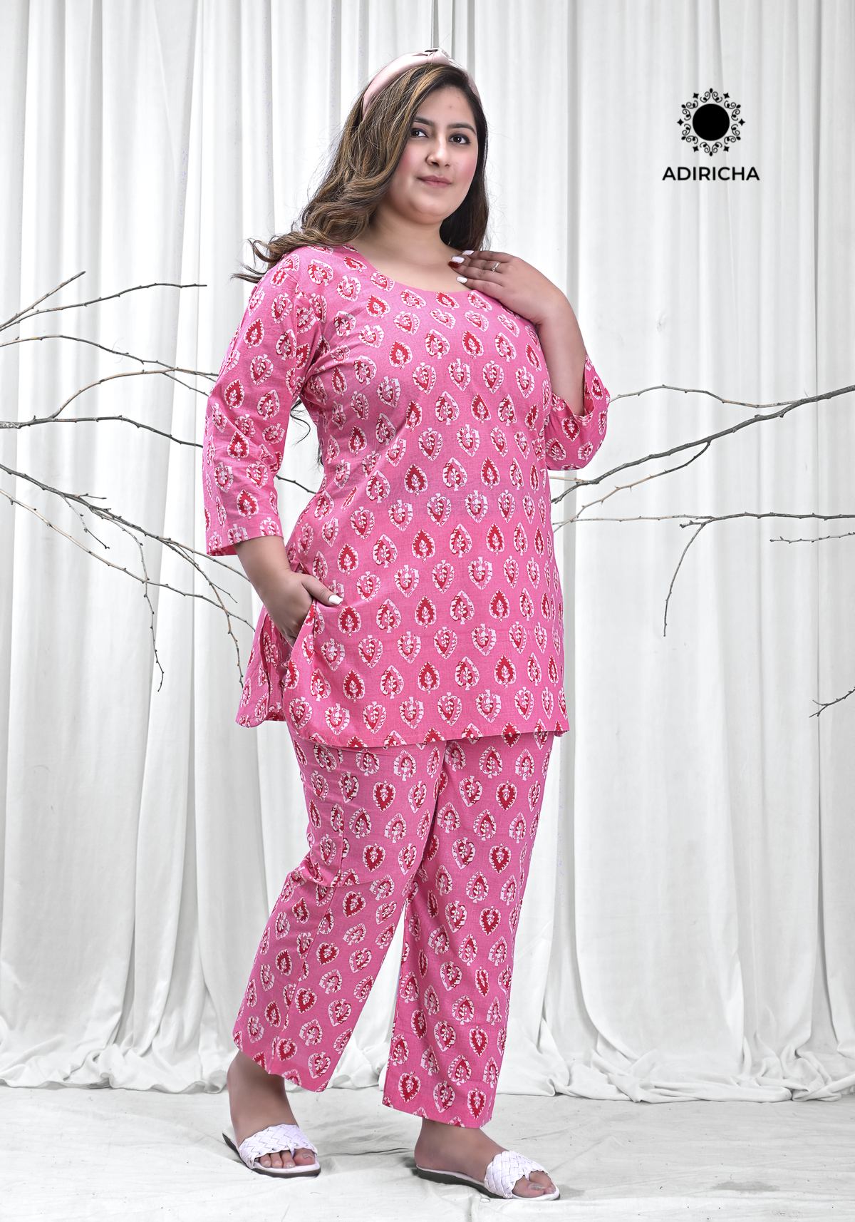 Pink Sanganeri Butti Night Wear Plus Size