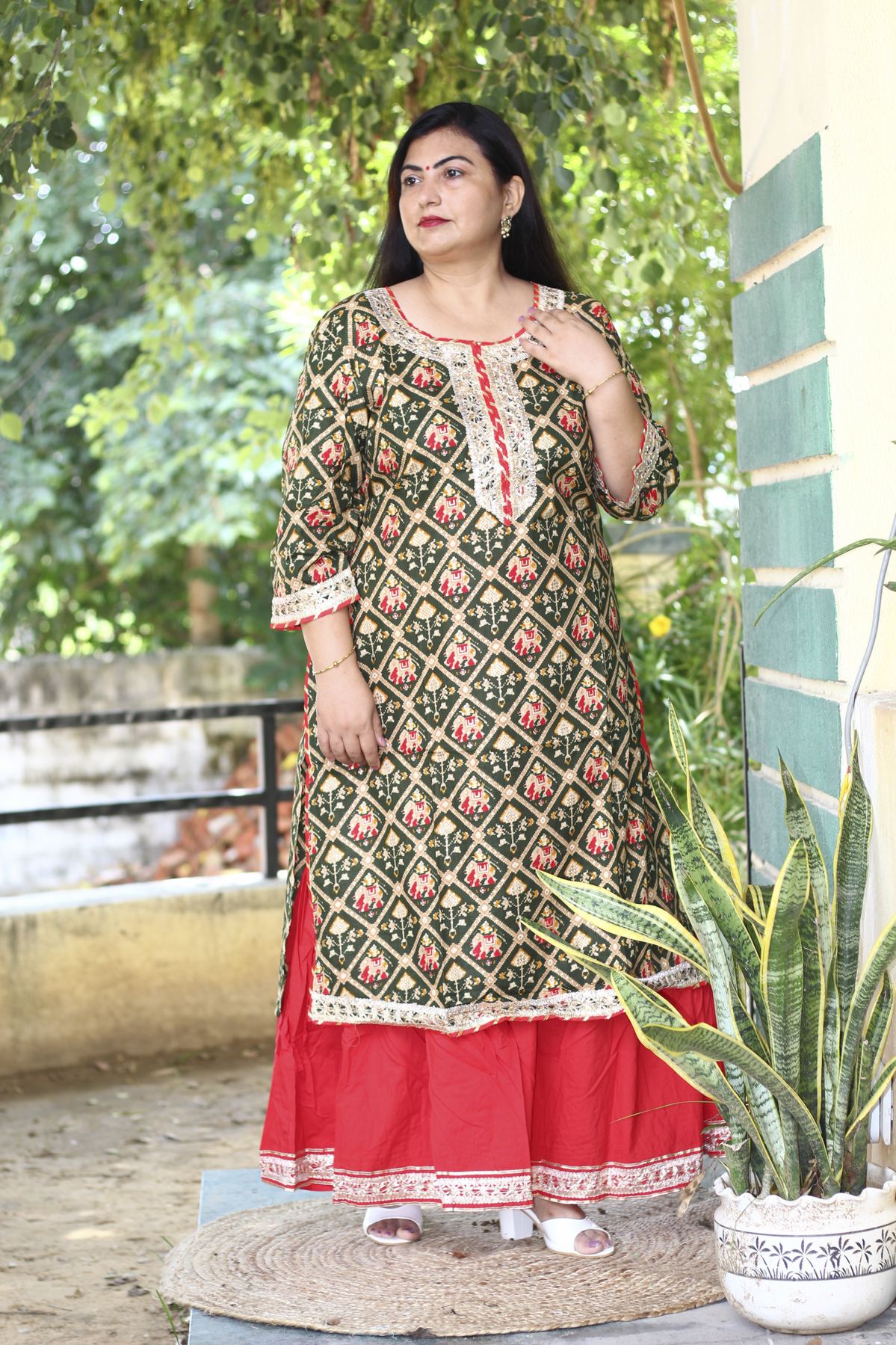 Teal Green and Red Traditional Patola Printed Anarkali Suit in...