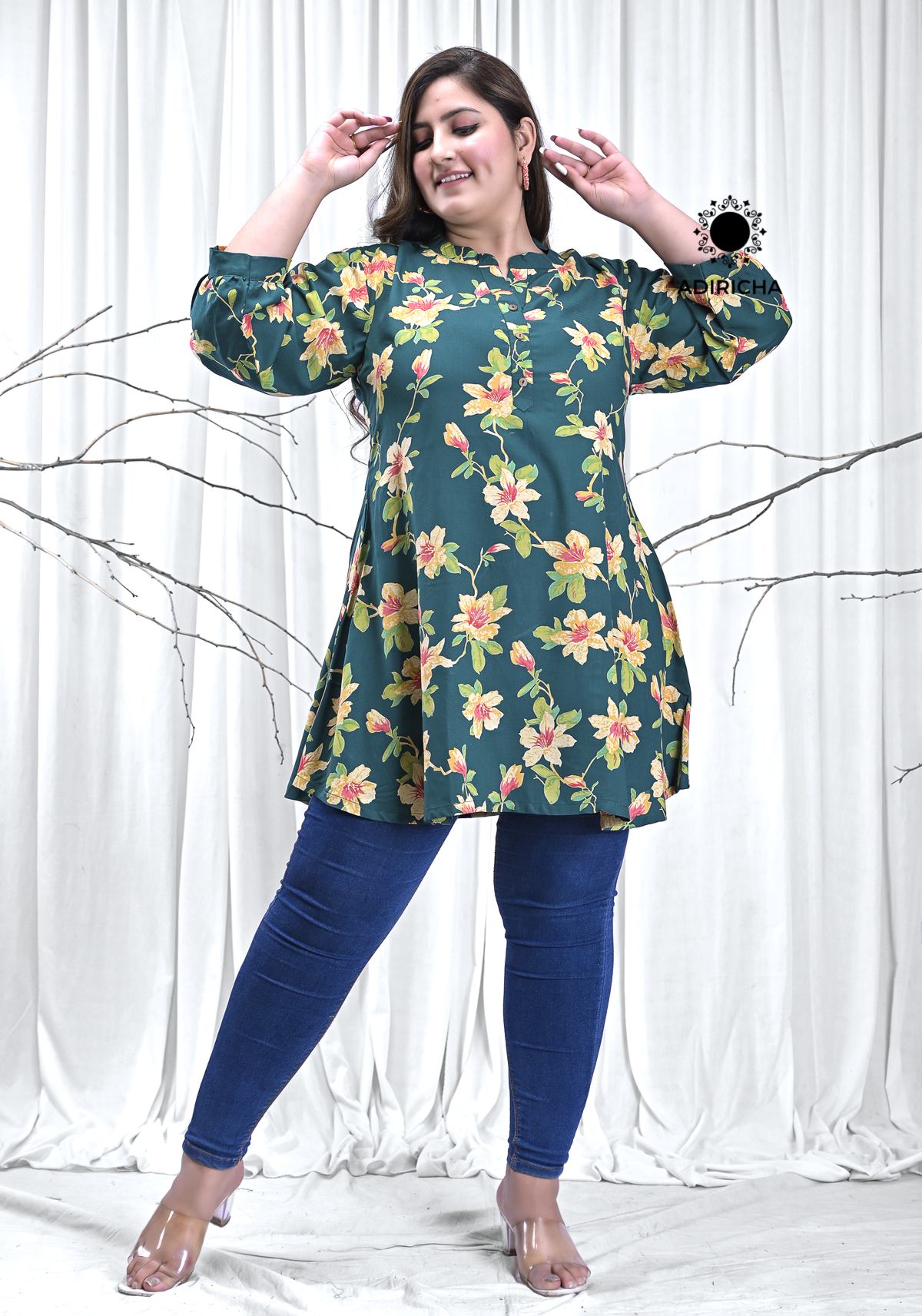 Green Floral Plus Size Tunics Tops