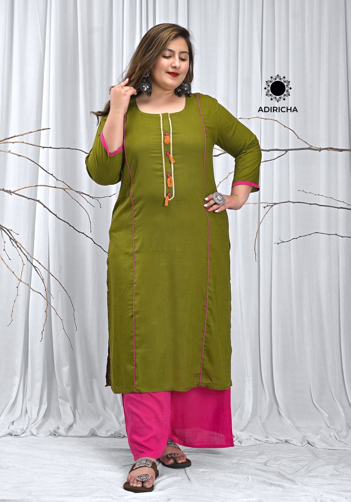 fcity.in - Divash Collection Mehandi Colour Cotton Kurti Dupatta Set / Aagam