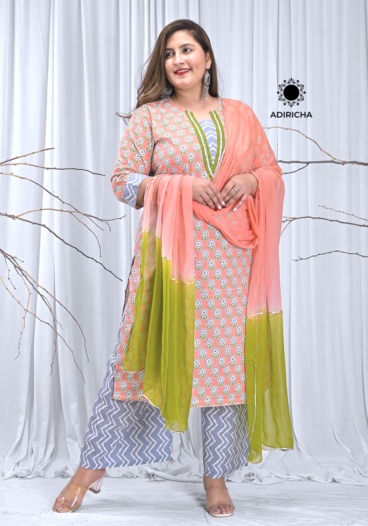 Plus Size Peach Kurta Dupatta Set