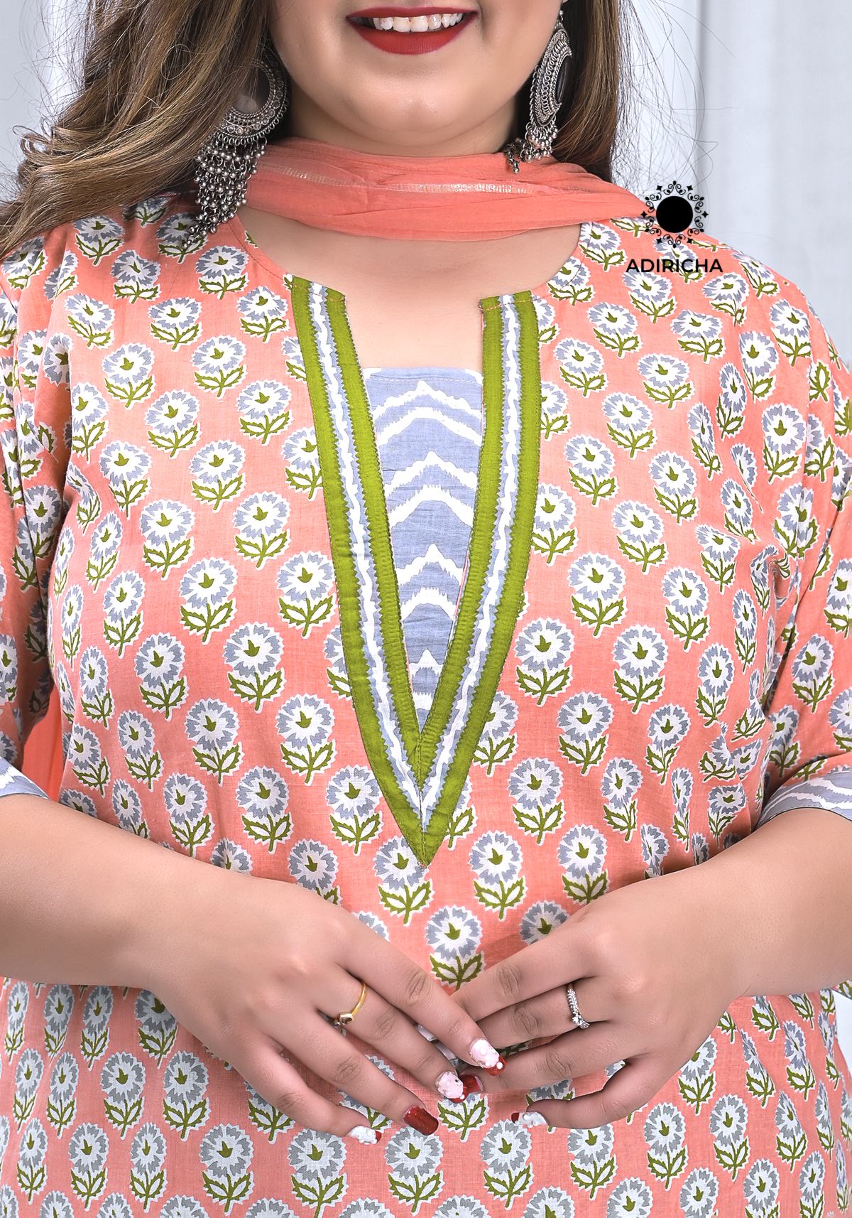 Shop Now Plus Size Peach Kurta Dupatta Set ADIRICHA