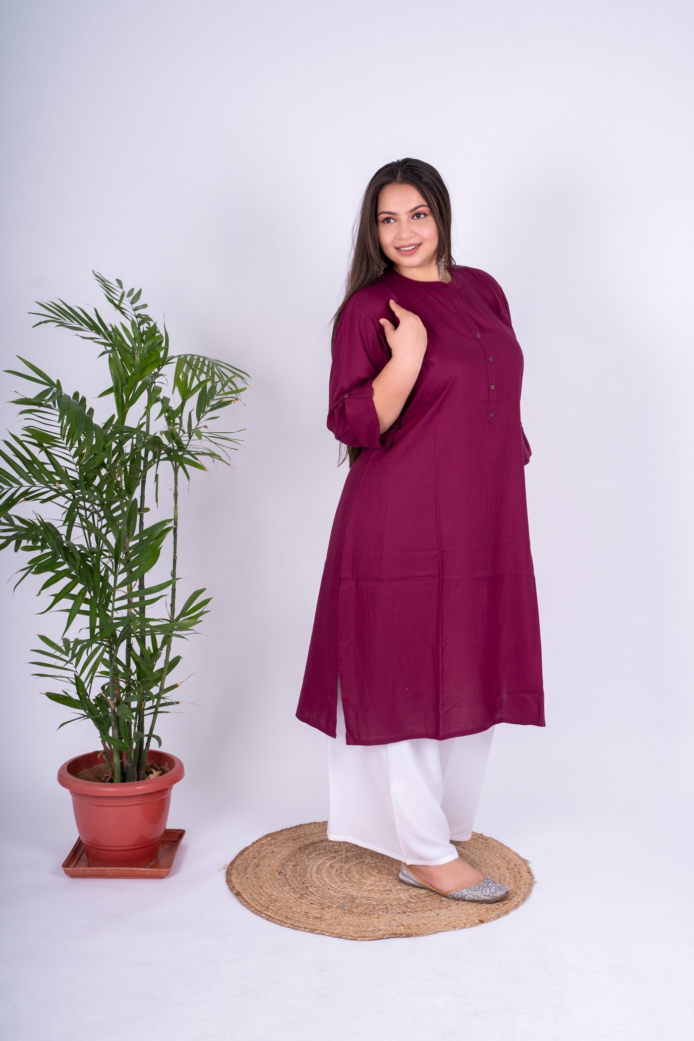 Plus Size Wine Solid Rayon Kurta