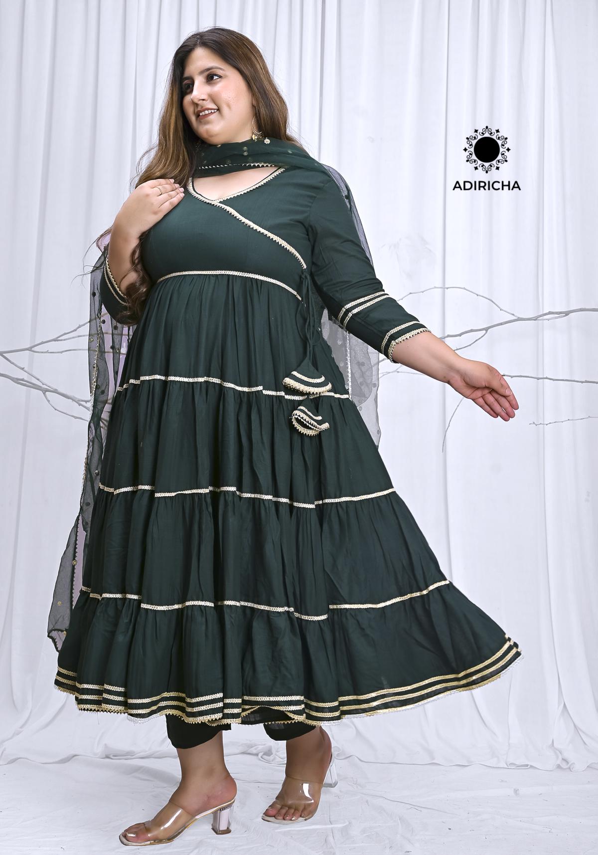 Plus Size Bottle Green Anarkali Dress With Dupatta Set