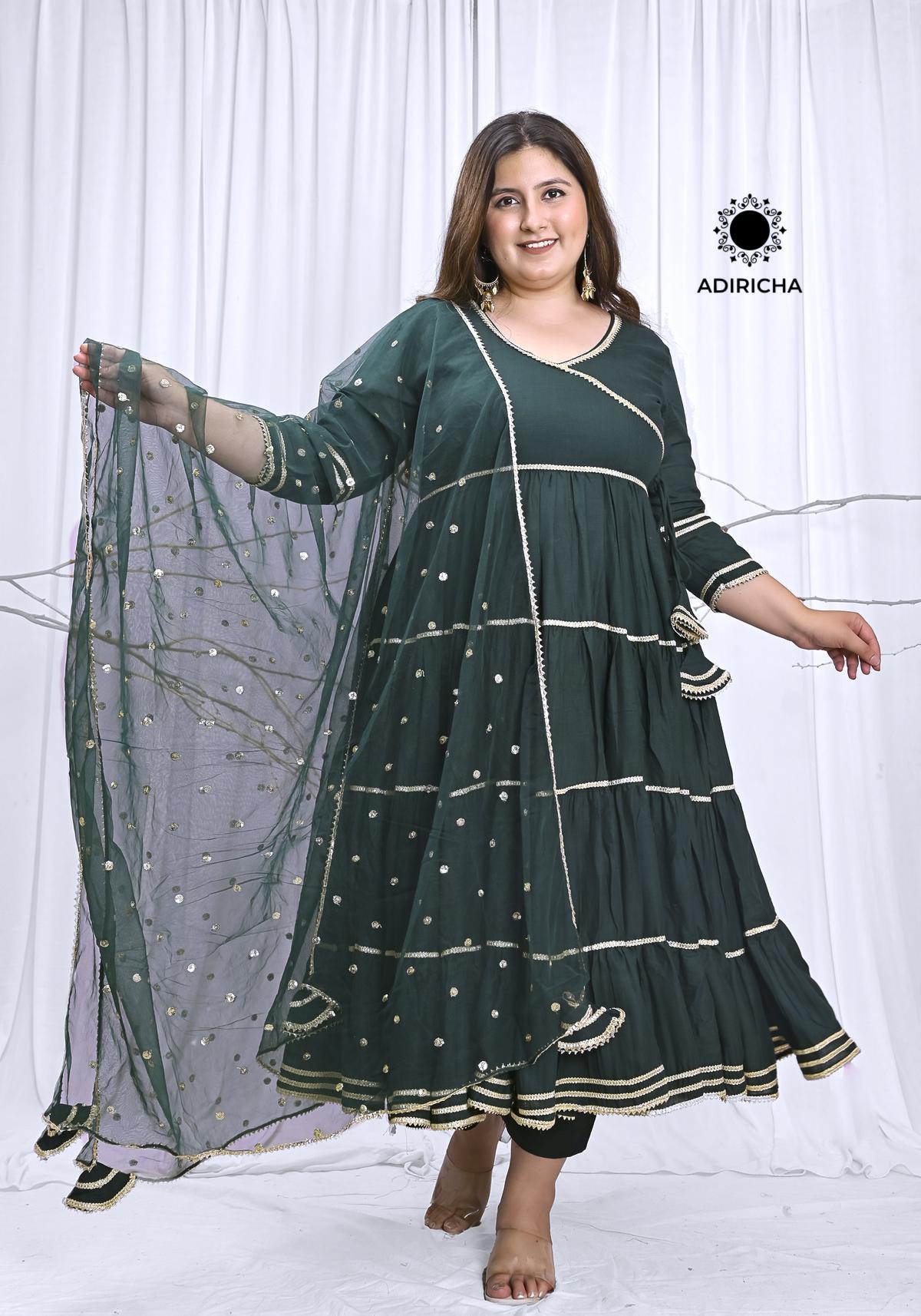 Plus Size Bottle Green Anarkali Dress With Dupatta Set