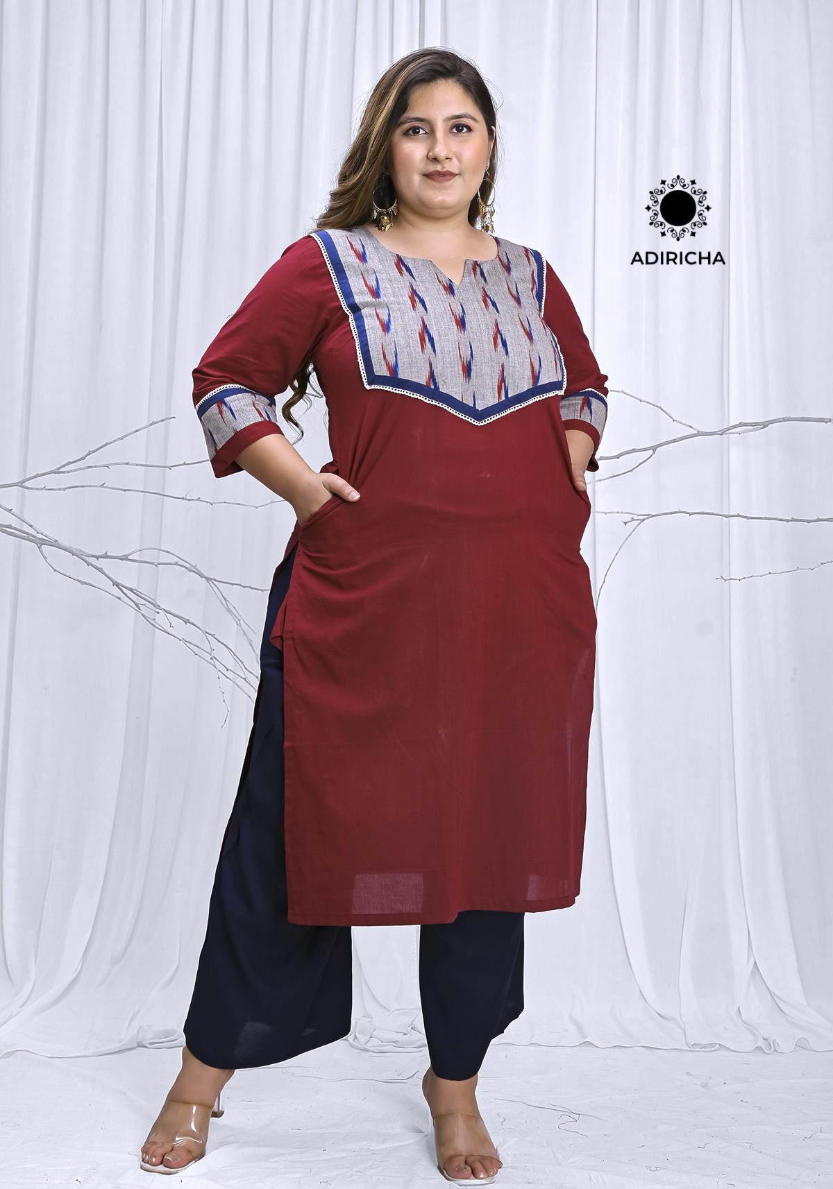 Plus Size Maroon Ikat Yoke Kurta