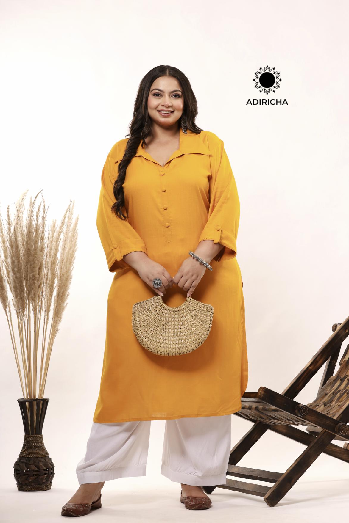 Plus Size Mustard Shirt Collar Kurti