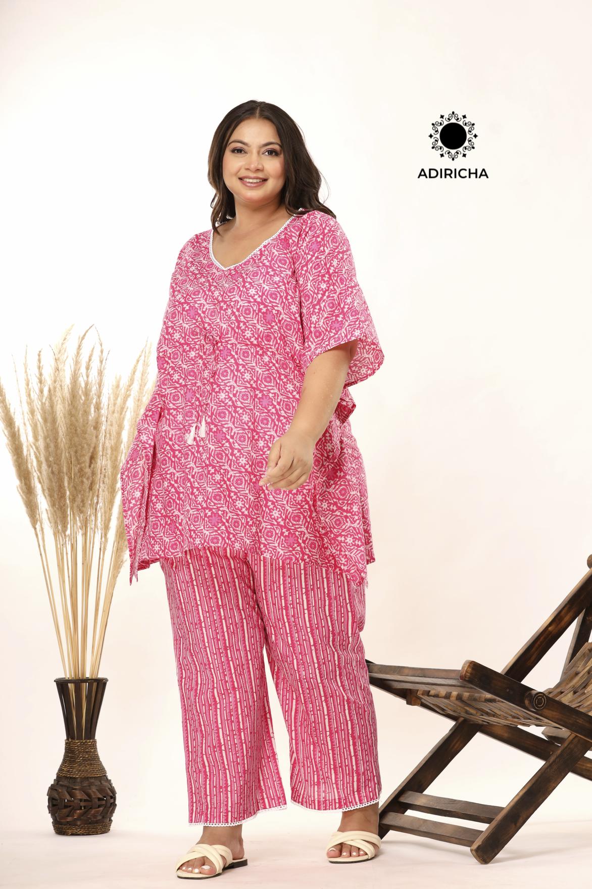 Plus Size Pink Printed Kaftan Set For Women