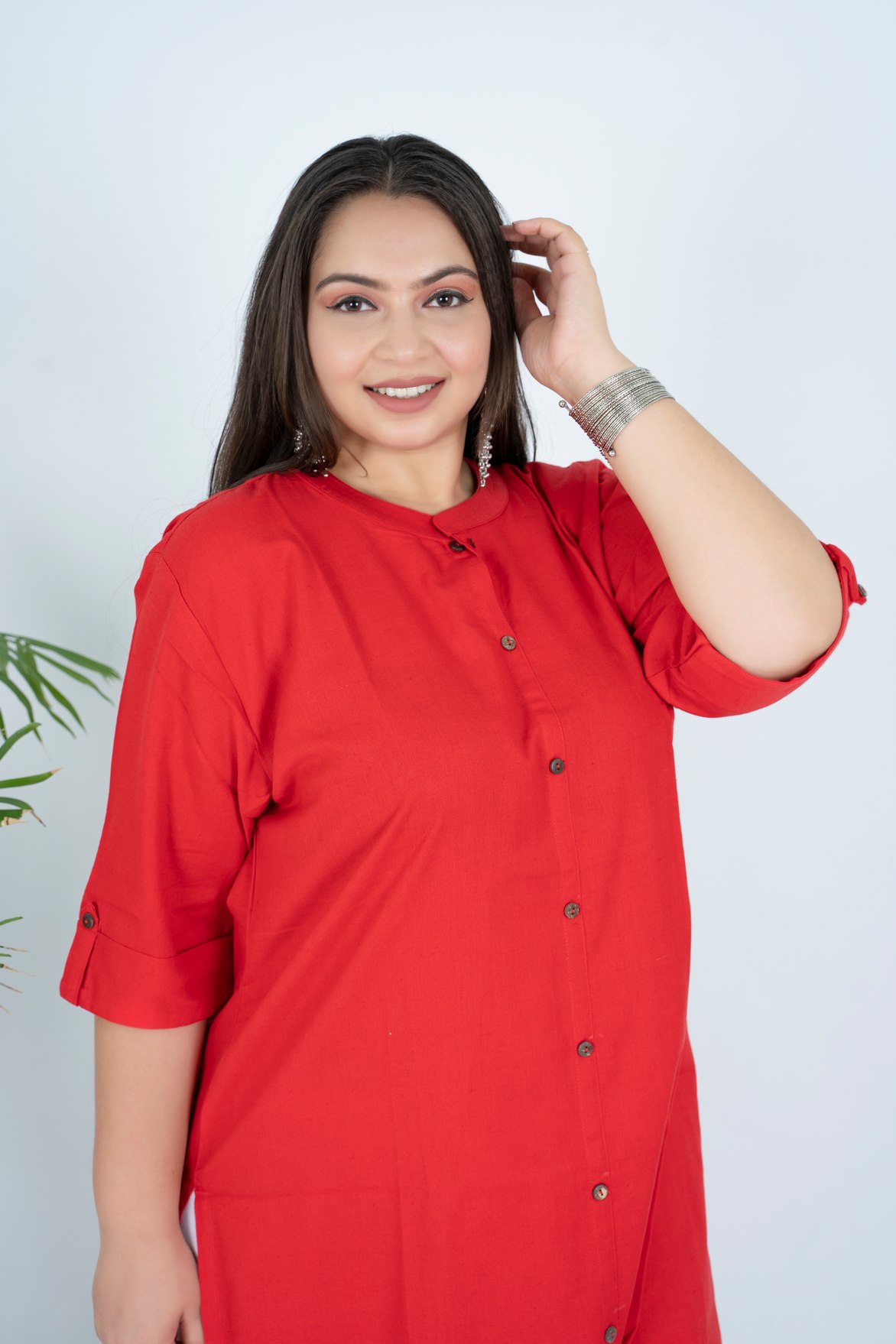 Plus Size Red Solid Cotton Kurta