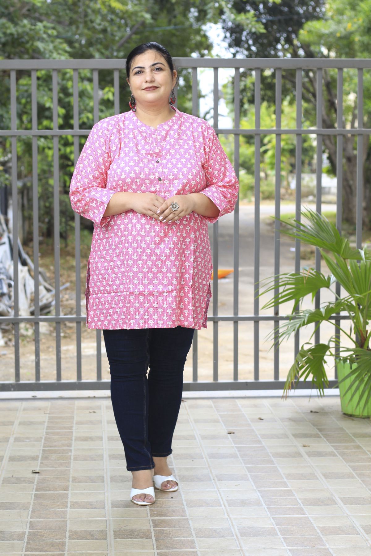 Plus Size Pink Butti Katha Tunic Tops