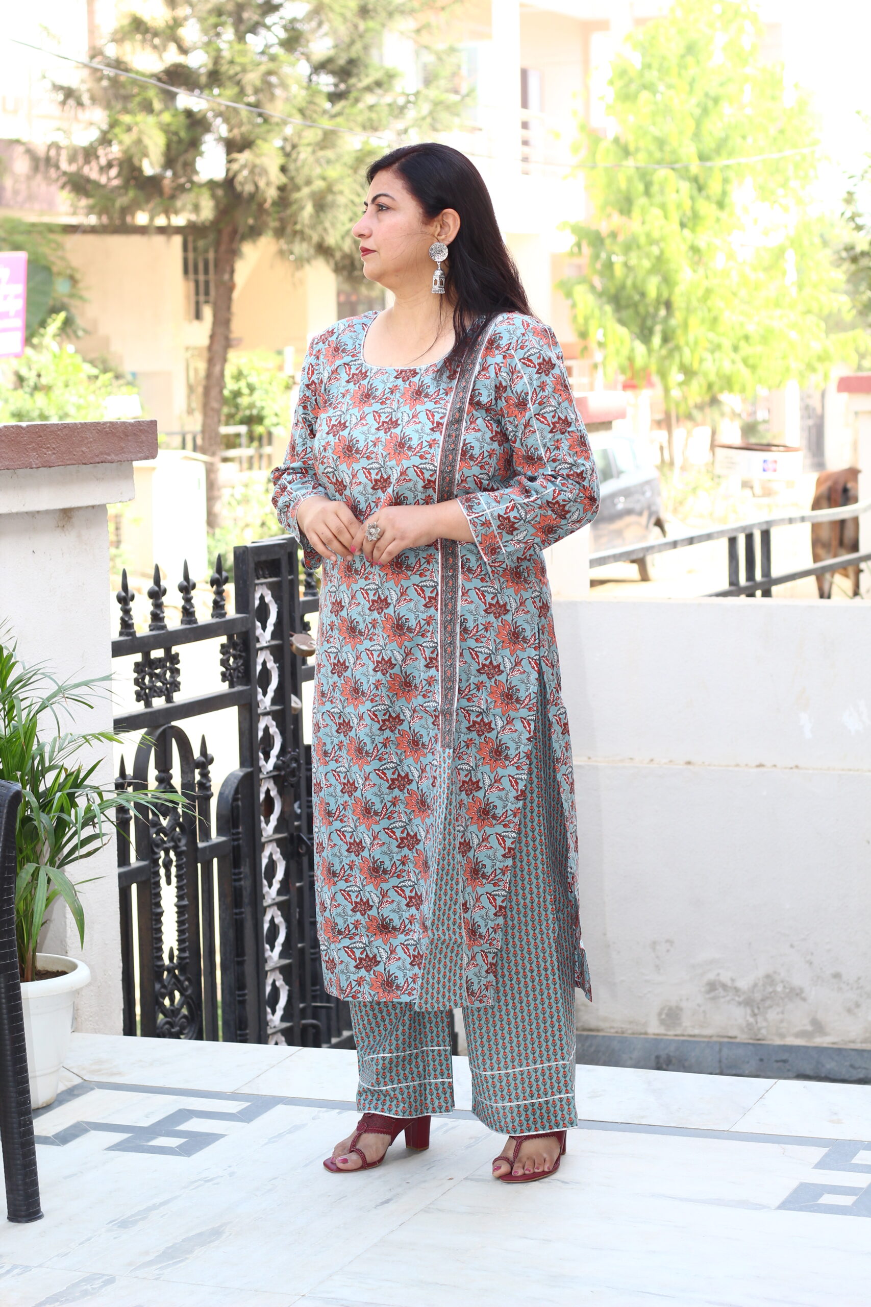 Delectable Women Turquoise Blue & Golden Woven Design Sequinned Kurta with  Trousers & Dupatta– Inddus.in