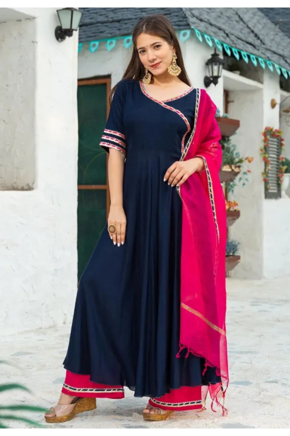Plus Size Navy Rani Gota Anarkali Dress