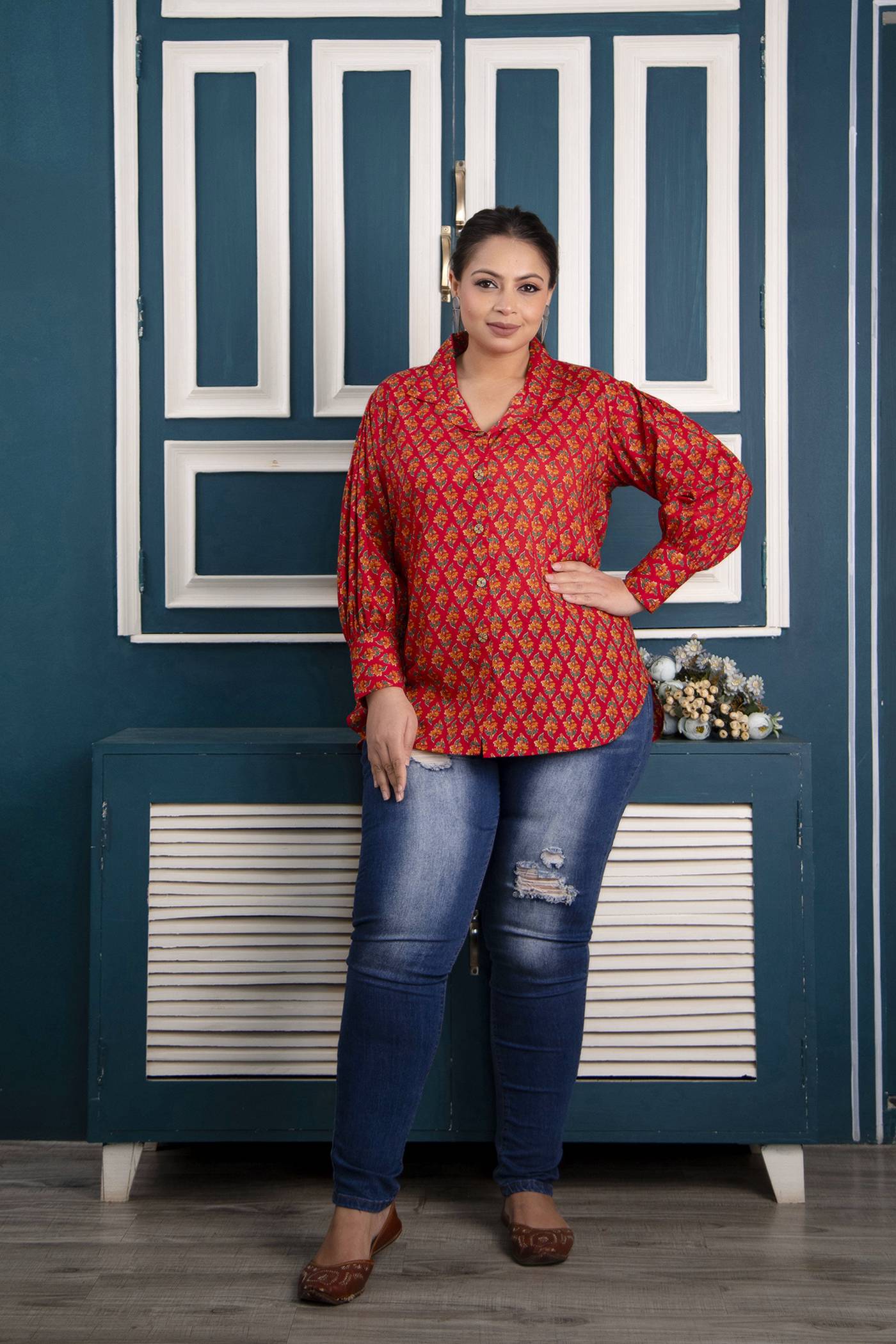 Plus Size Red & Blue Jaipuri Butti Women Shirt