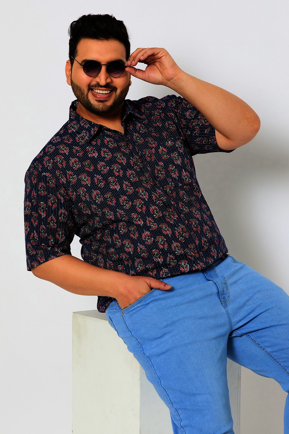Plus Size Blue Butti Kantha Men Shirt