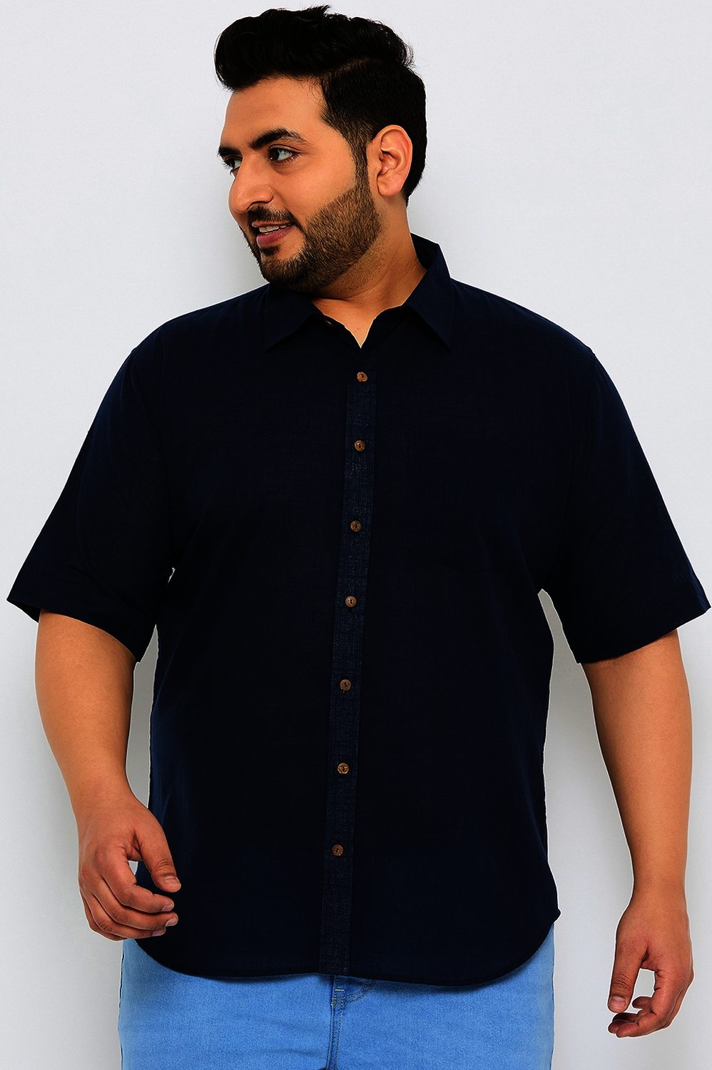 Plus Size Solid Navy Short Sleeves Men Shirt