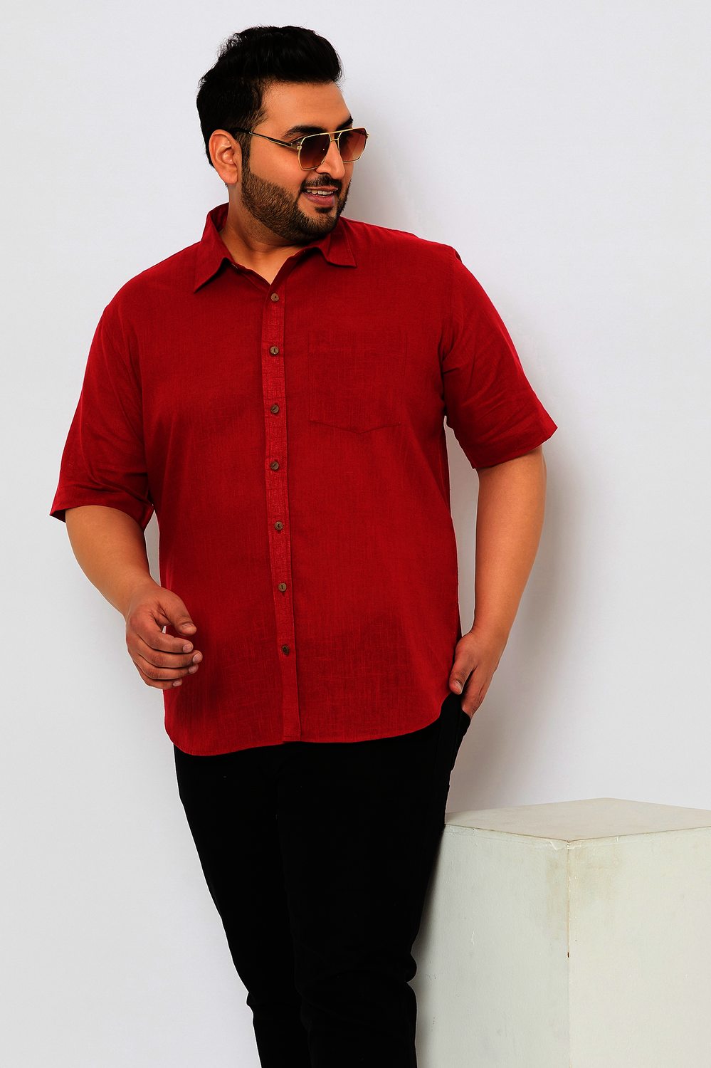 Plus Size Solid Red Short Sleeves Men Shirt